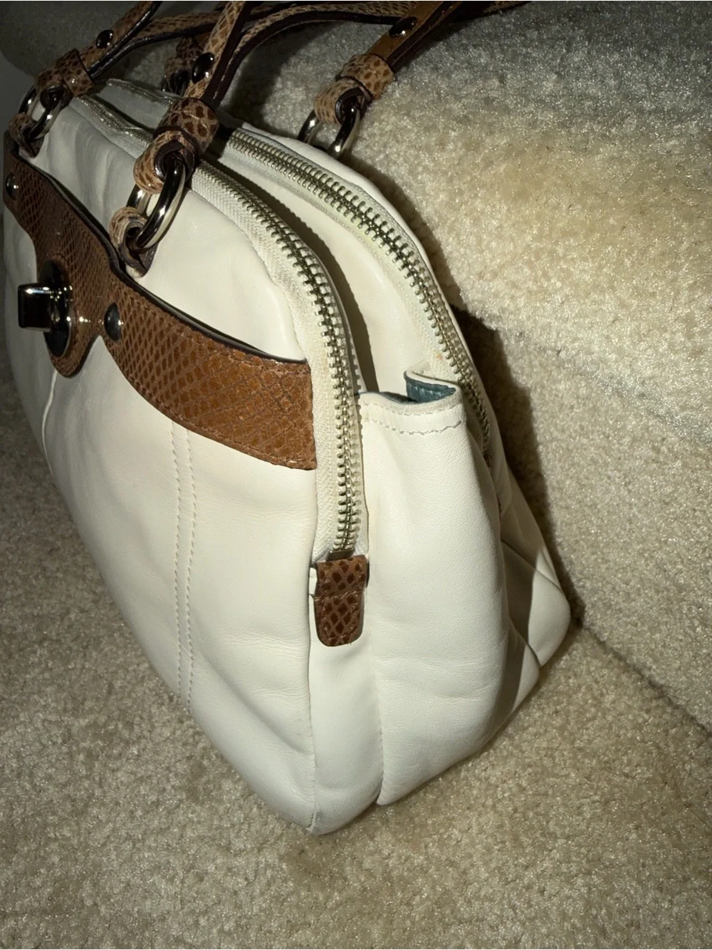 Coach Penelope Leather Satchel Ivory with Brown Snakeskin Trim Purse Handbag